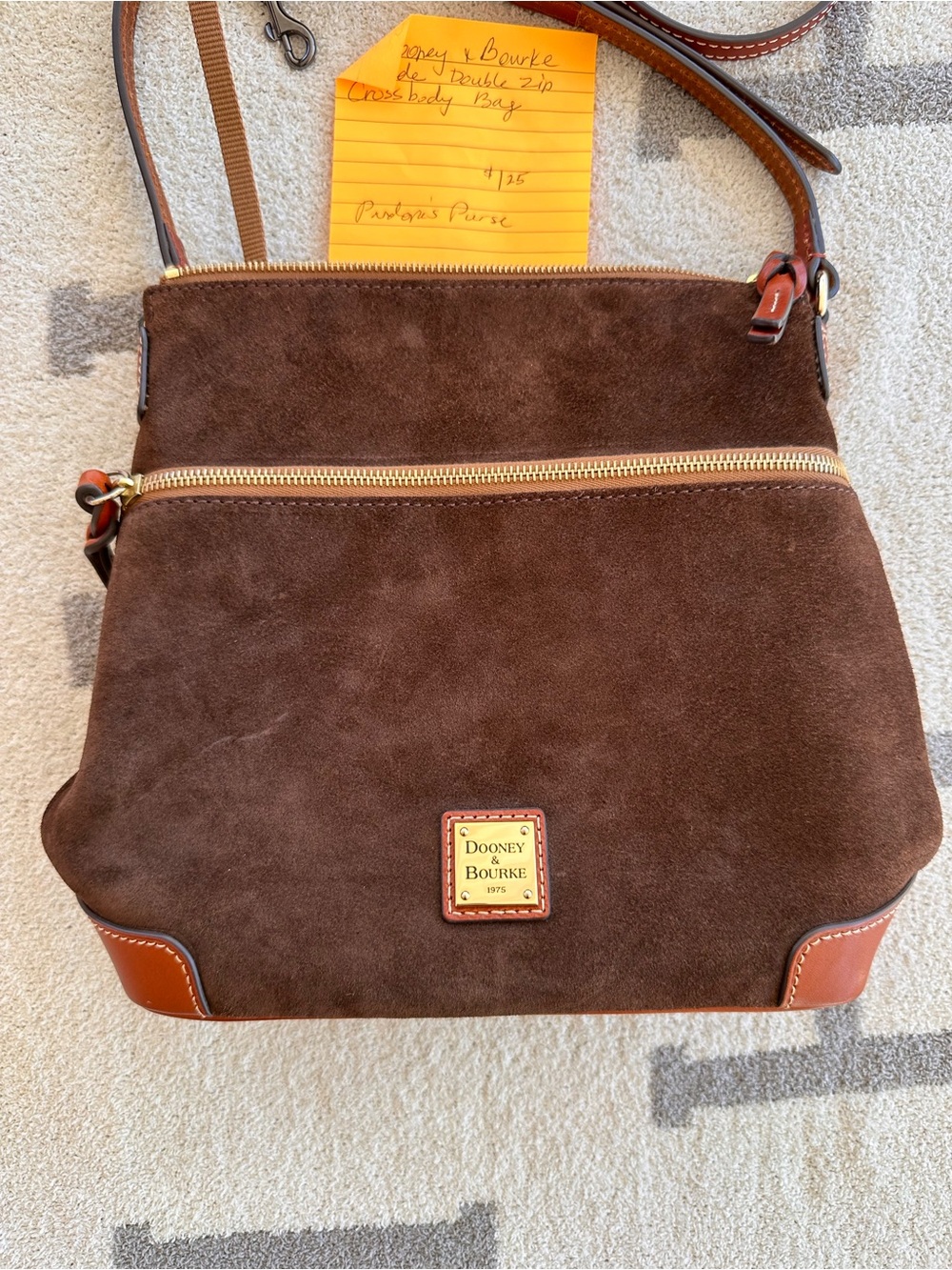 Dooney & Bourke Dark Brown Suede Crossbody Bag with Tan Trim - Picture 2 of 15